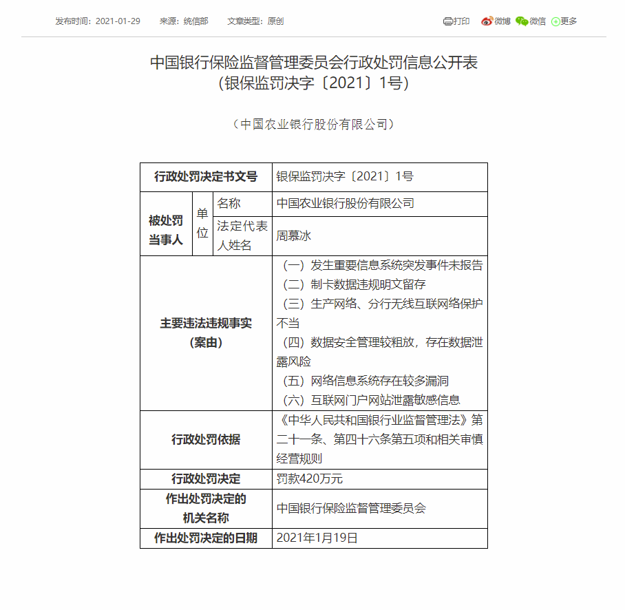 因網(wǎng)絡(luò)安全等問題中國農(nóng)業(yè)銀行被罰款420萬